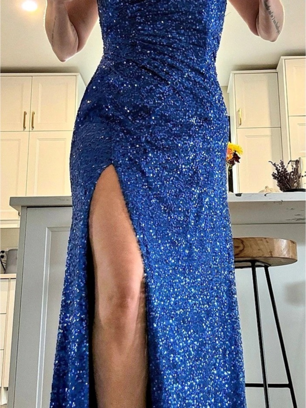 Blue Sequin Strapless Evening Gown